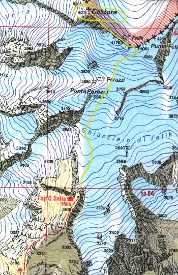 carta della salita al Castore dal versante Sud-Est